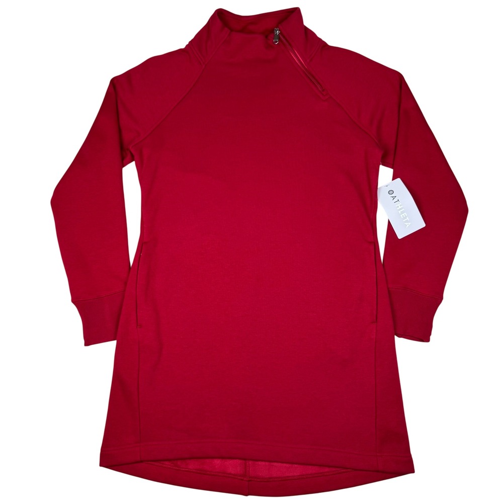 Athleta Cozy Karma Asymmetric Red Sweatshirt Dress Womens M/P Athleisure NEW